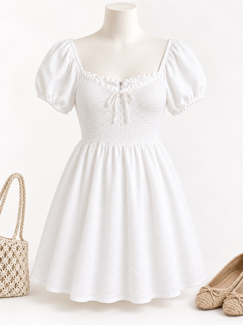 NWT Altar’d State White Smocked Puff Sleeve Mini Dress Size M